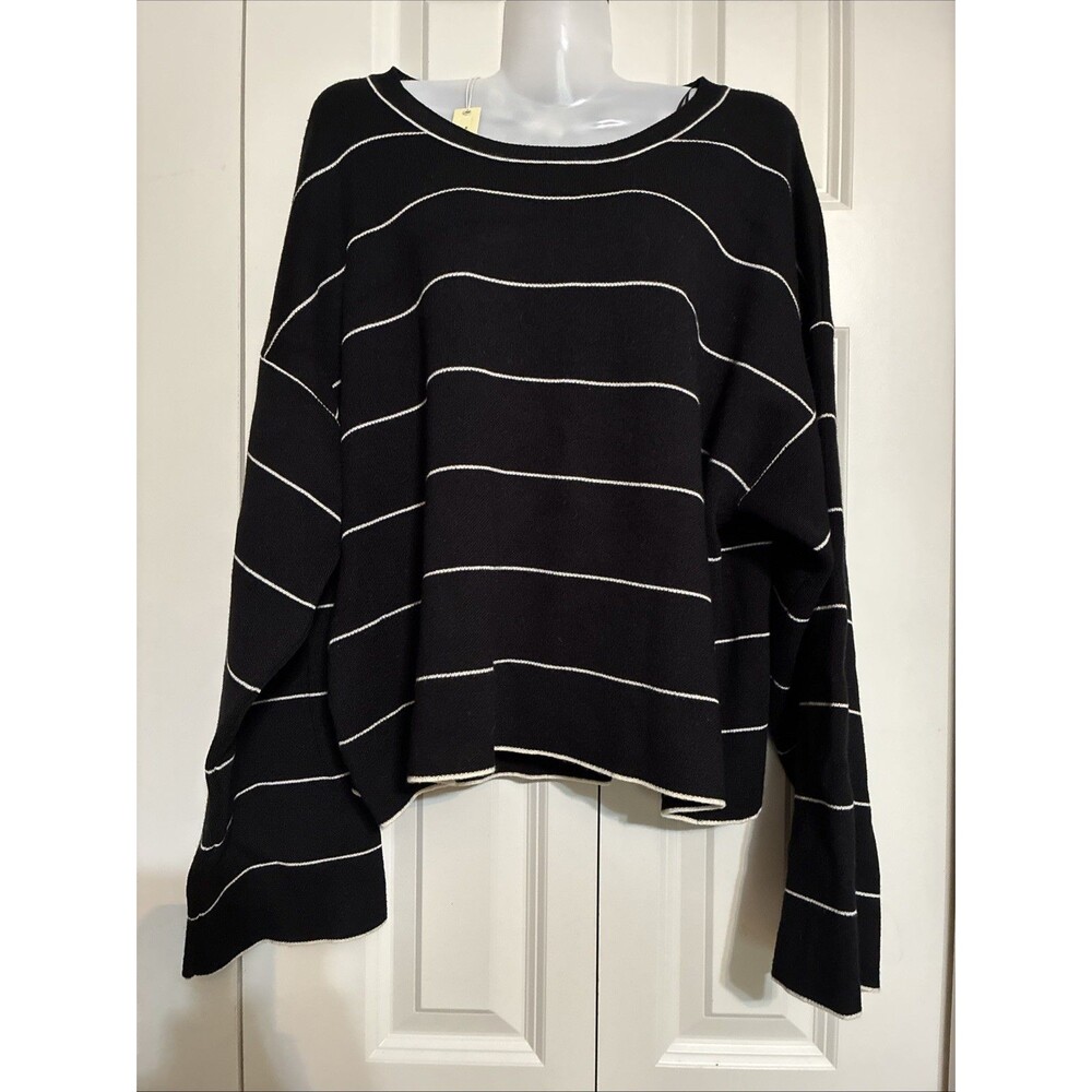 Max Studio Black Ivory Striped Wide Long Sleeve Crew Neck Sweater Sz L NWT $238